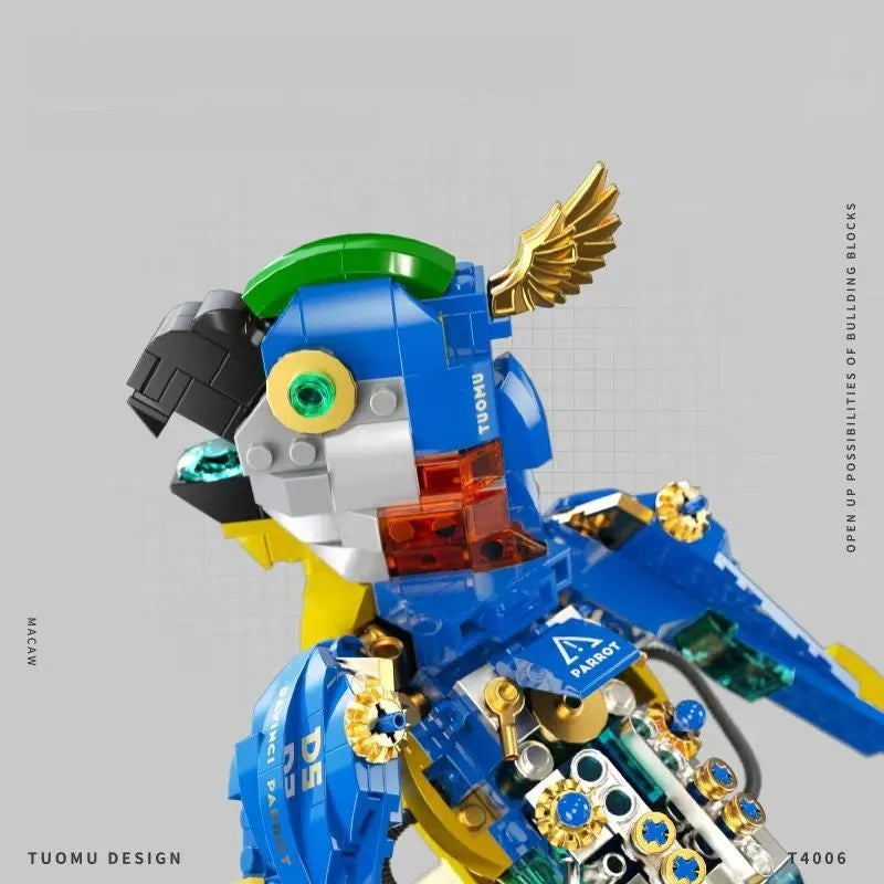 Steampunk macaw building block model in colour box packaging, 27cm size