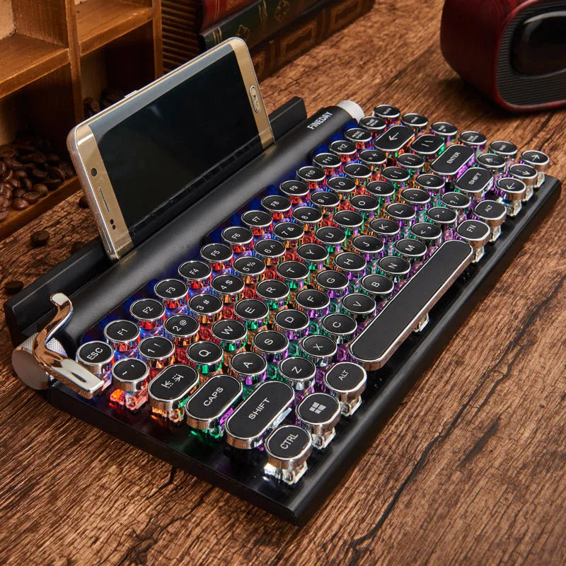 Black retro typewriter-style Bluetooth mechanical keyboard with backlit keys
