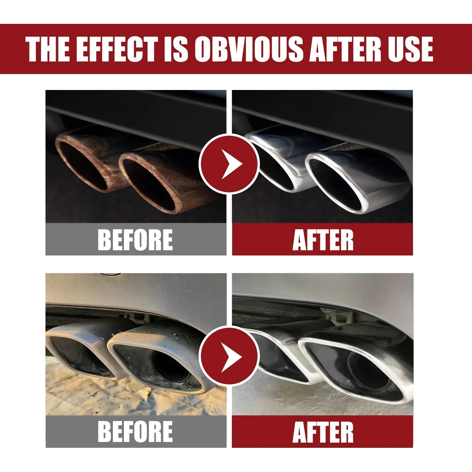 Car exhaust pipe cleaner rust removal 60ml bottle with thick formula on vehicle exhaust tip