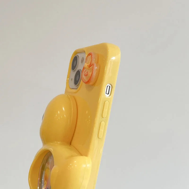 Yellow silicone iPhone case with 3D quicksand yellow duck design for anti drop protection