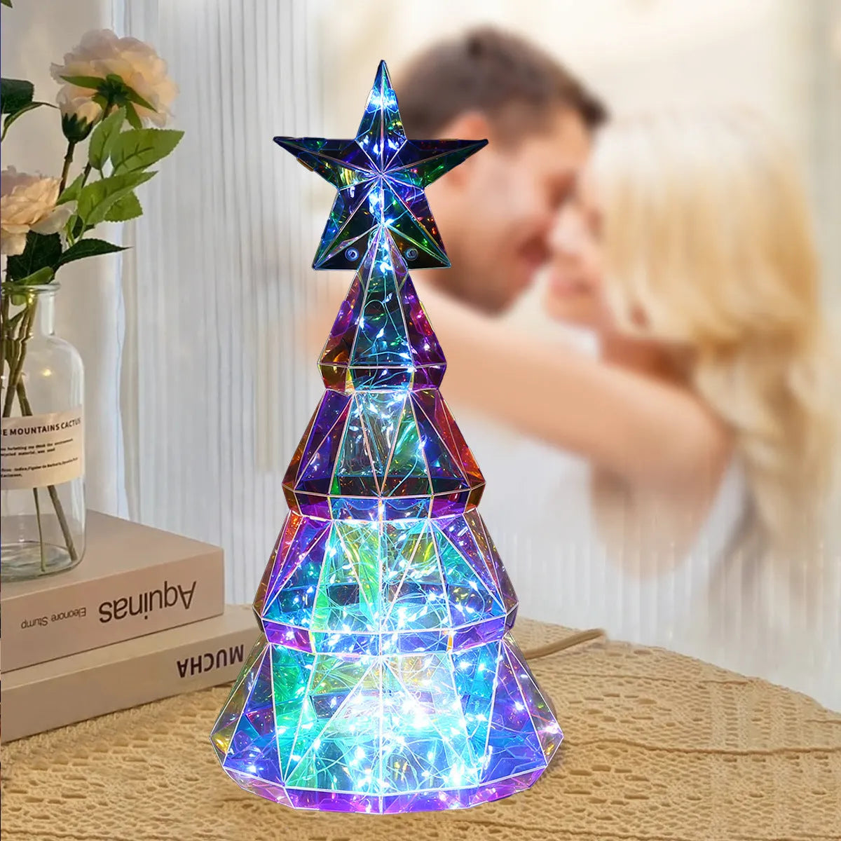Colourful cartoon-style LED-lit Christmas tree decoration made from PET plastic