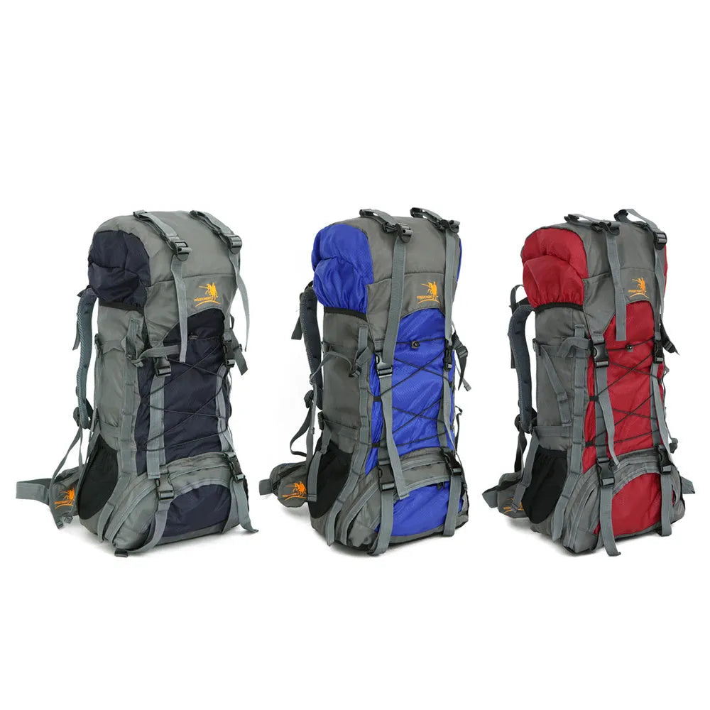 Extra large 60L nylon water resistant outdoor travel backpack with external stores system and adjustable shoulder strap