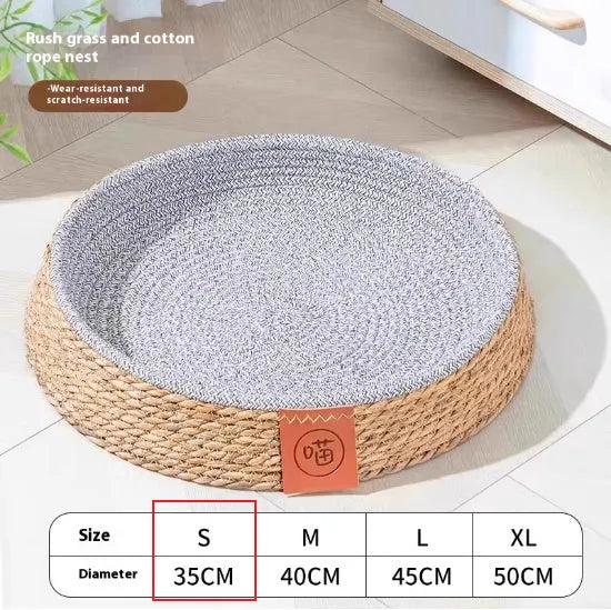 Rattan cat bed with natural open weave construction in four available sizes