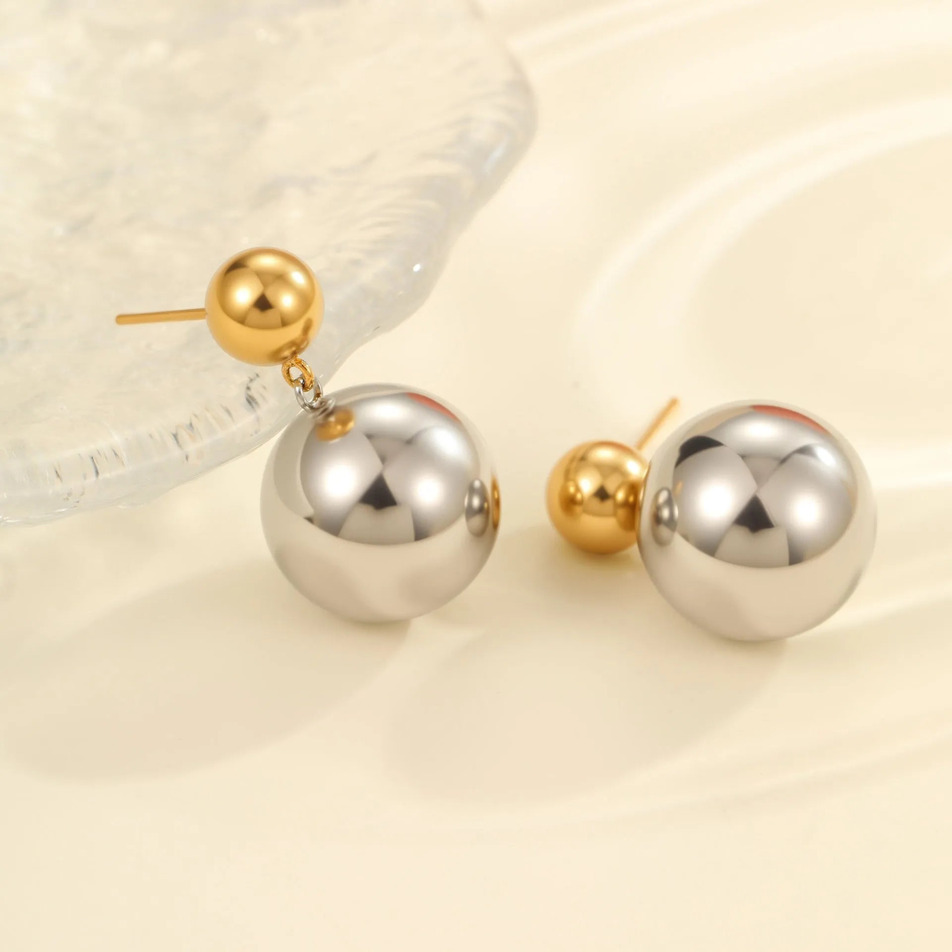 Stainless steel 18K gold electroplated colour-block round bead stud earrings geometric design
