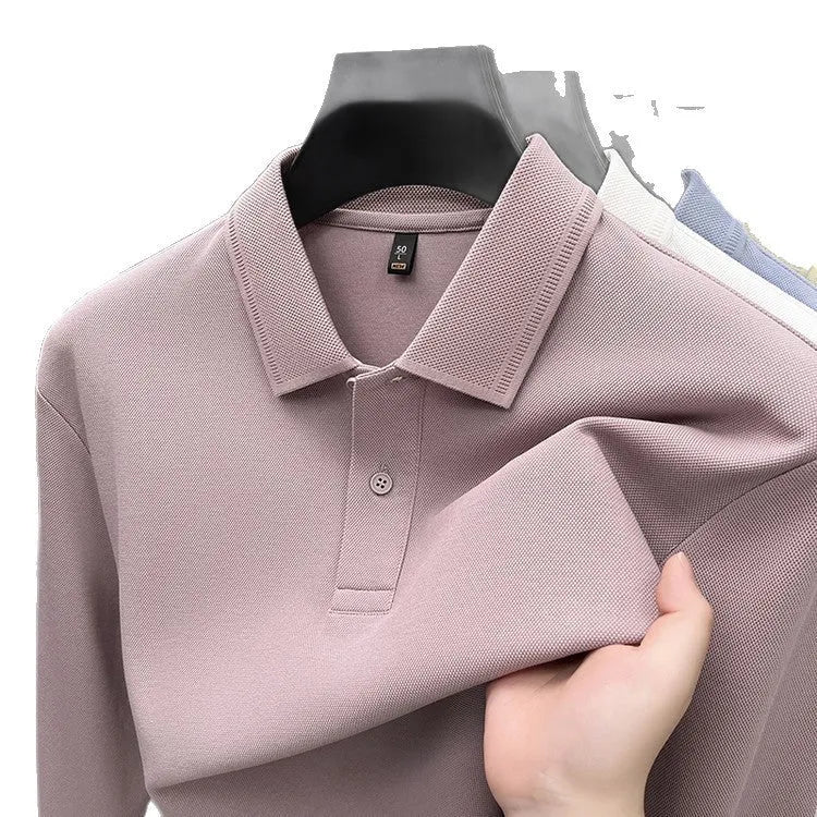 Mercerized cotton long-sleeved polo shirt for men, loose fit, striped asymmetric design, in Black colour