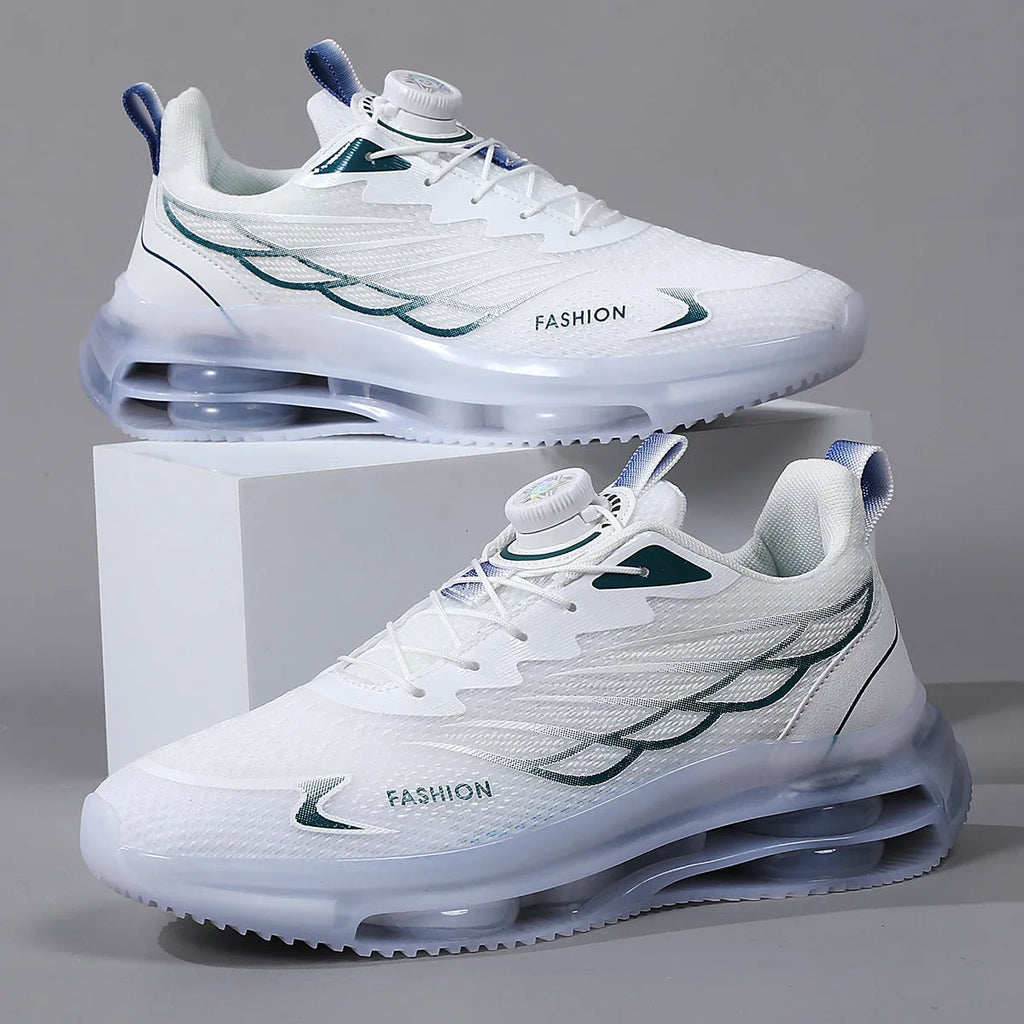 White men's casual running shoes with mesh upper, rotating button lace-up, and rubber sole.
