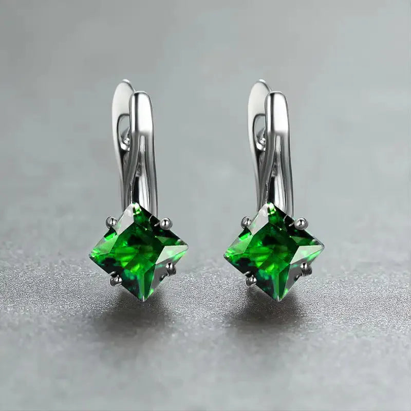 Women's copper earrings with diamond design and inlaid blue zircon stones