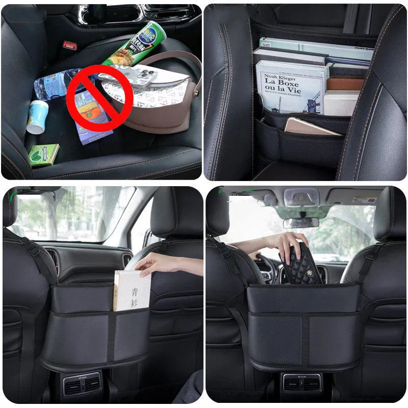 Leather car seat storage bag with carbon fibre pattern black finish showing 38x24x15cm dimensions