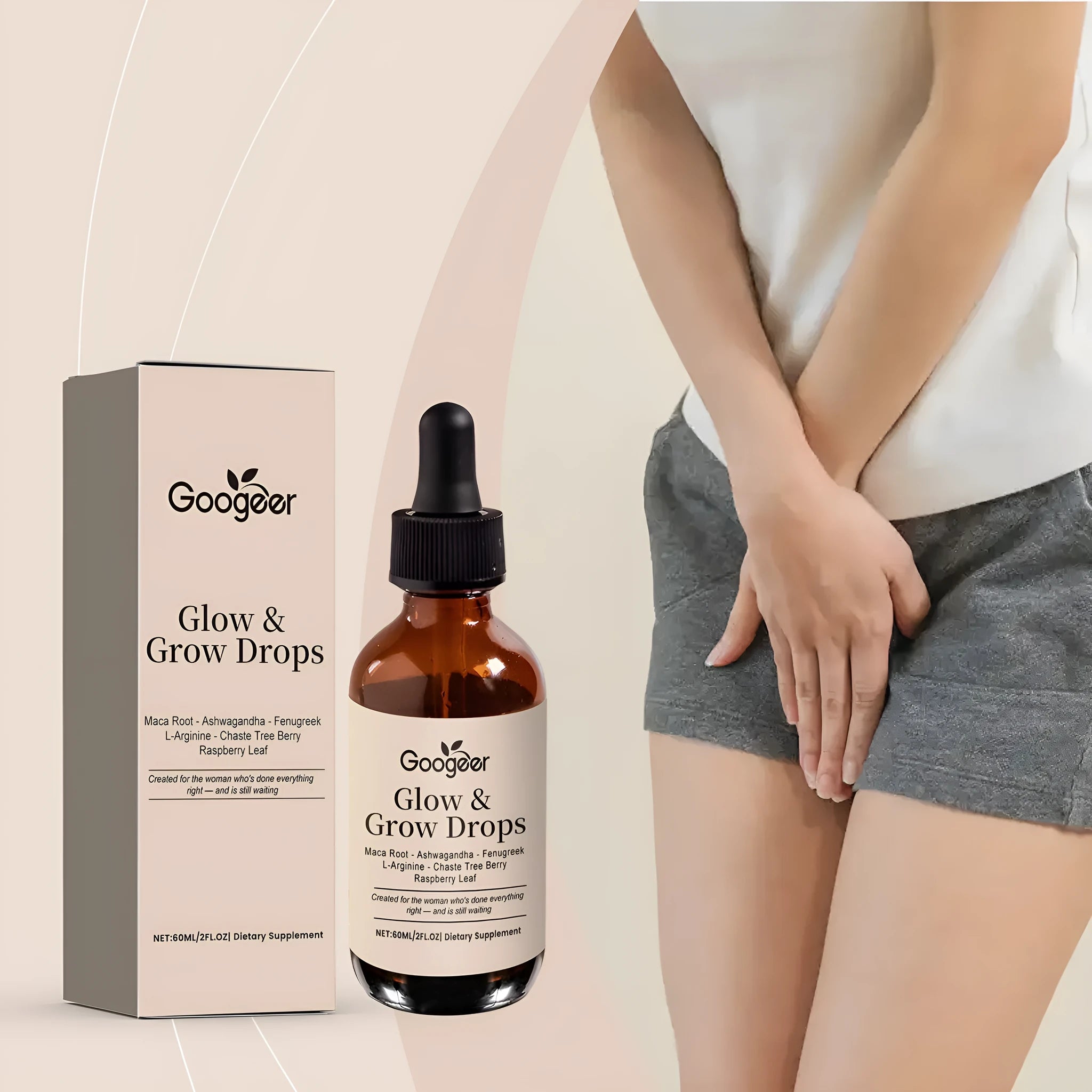60ml bottle of Female Estrogen Balance Drops with dropper top, containing liquid hormone support formula with Maca, fenugreek, and raspberry leaf extracts