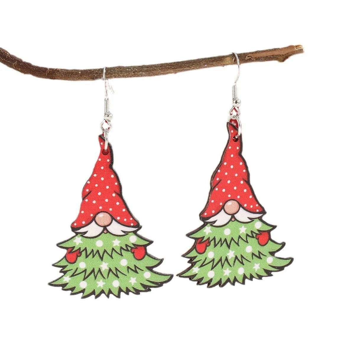 Wooden Christmas earrings with geometric tree and snowman designs featuring Santa Claus elements