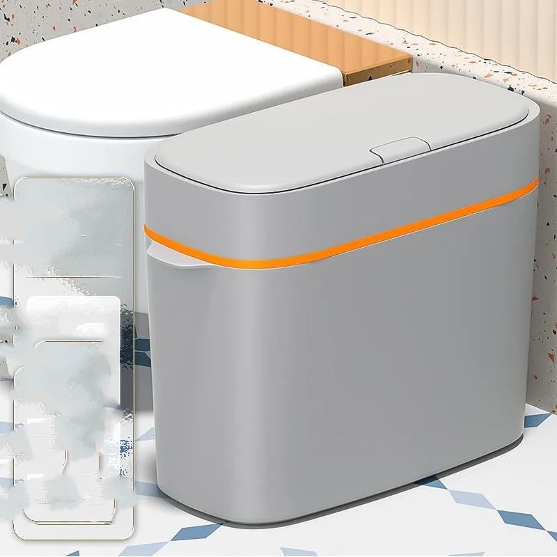 Automatic electric trash bin with inductive sensor, white plastic 15L long barrel shape, USB charging base