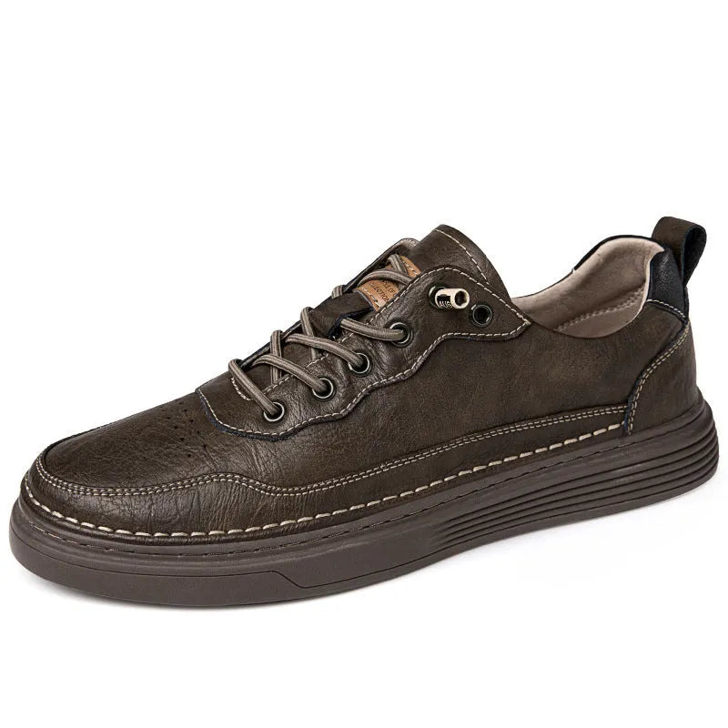 Versatile low-top cowhide flat shoes in black, beige, khaki for outdoor mountaineering and leisure