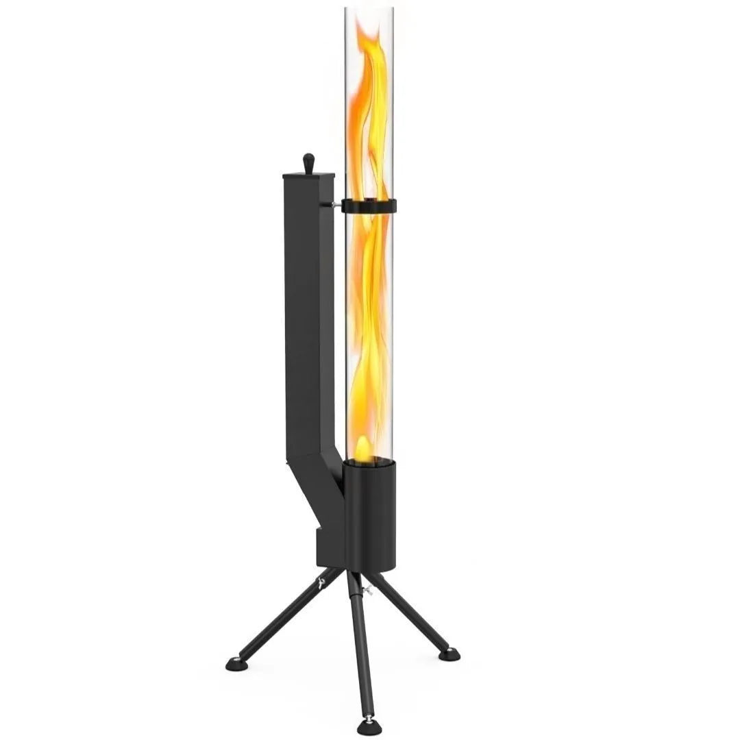 Vertical black cast iron wood burning rocket furnace for courtyard heating