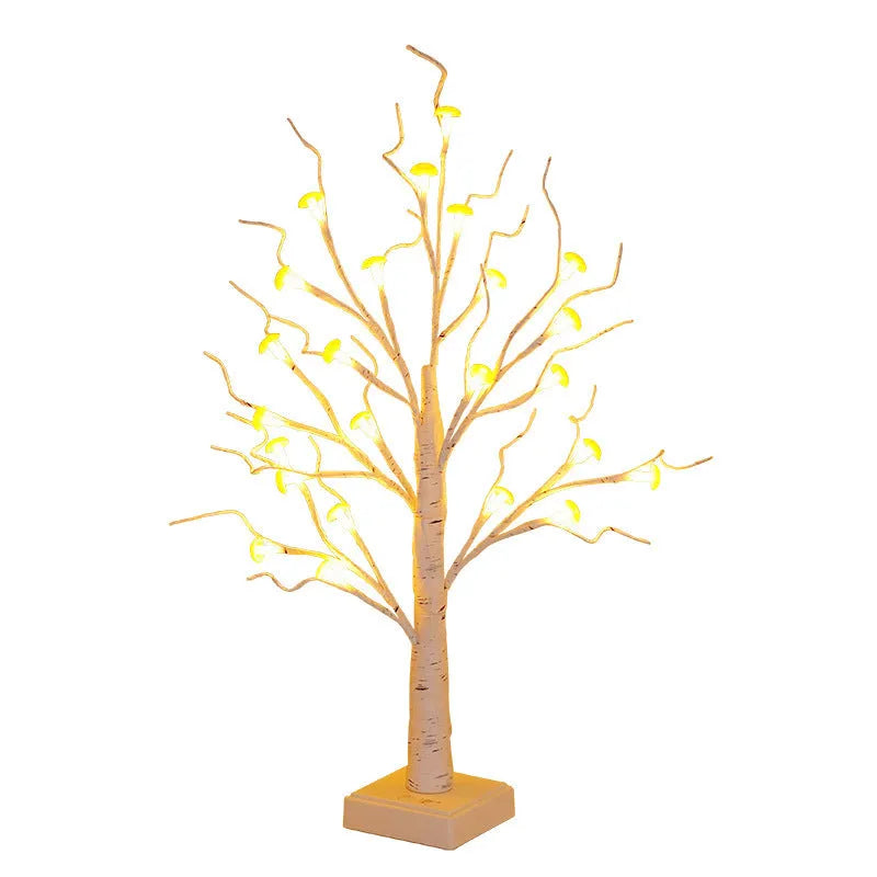 60cm tall white LED mushroom tree lamp with detachable flowers on a wooden surface