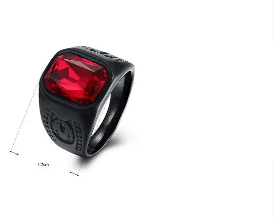 Vintage red stone black alloy ring with geometric electroplated finish, punk gothic style, available in multiple sizes