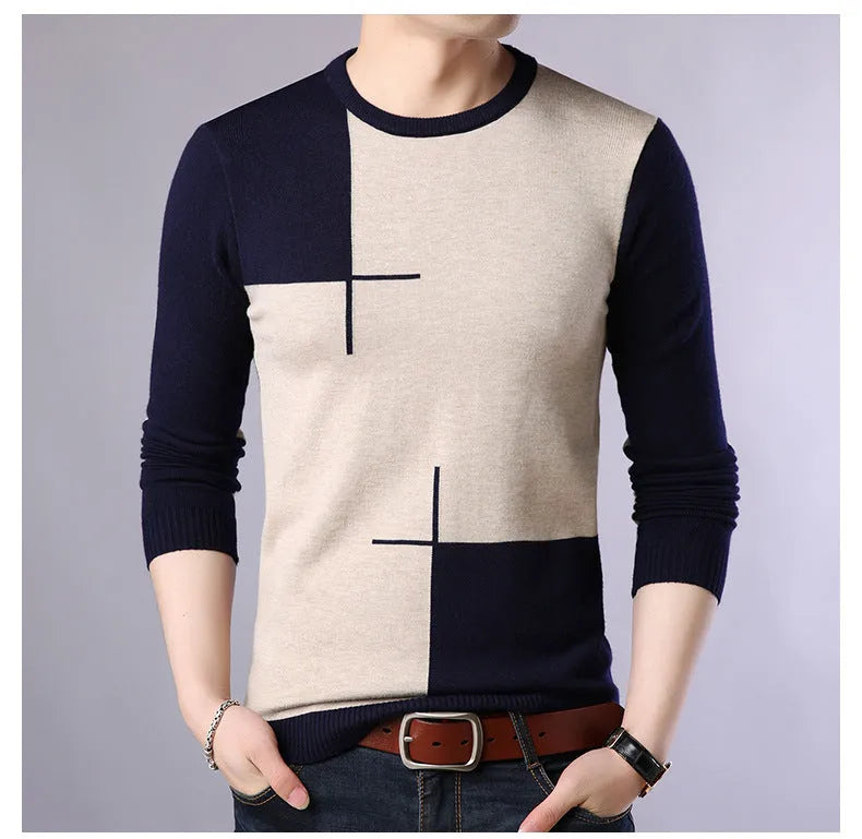 Men's wool blend crew neck pullover sweater in Black, Dark Blue, and Red colours