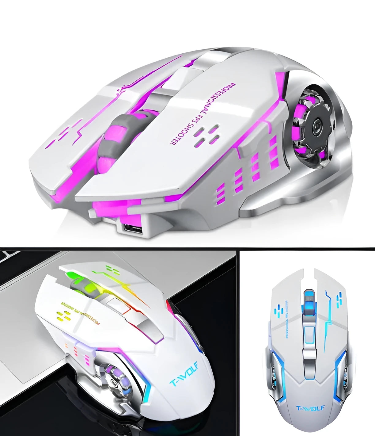 Black and white wireless mouse with USB-C port, six buttons, and silent click design.