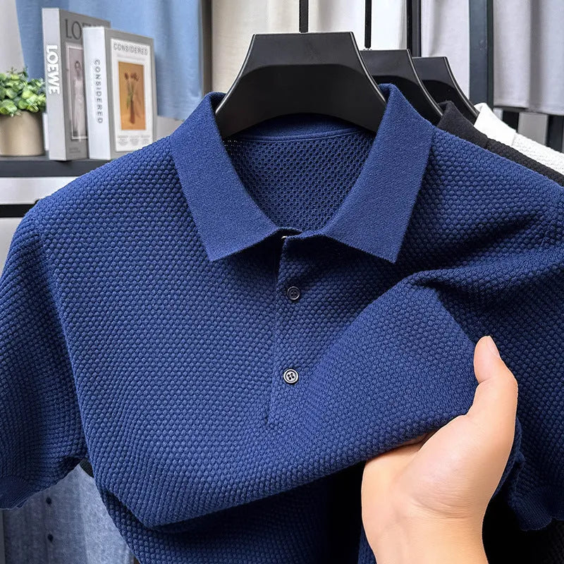 Men's loose fit short sleeve cotton pullover sweater in grey, showing relaxed casual style