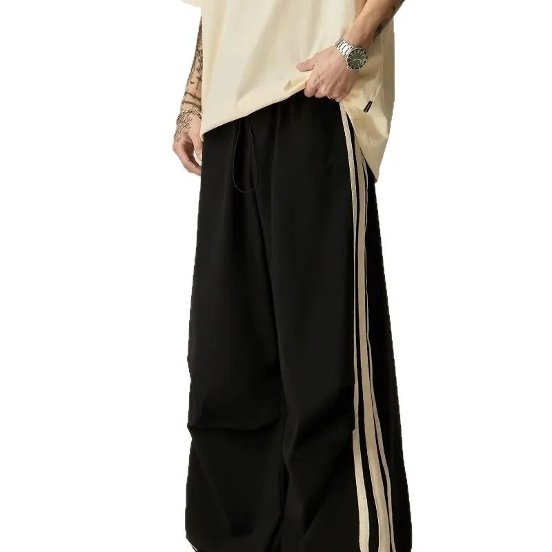 Men's black wide leg climbing trousers with high waist and straight leg design for summer leisure wear