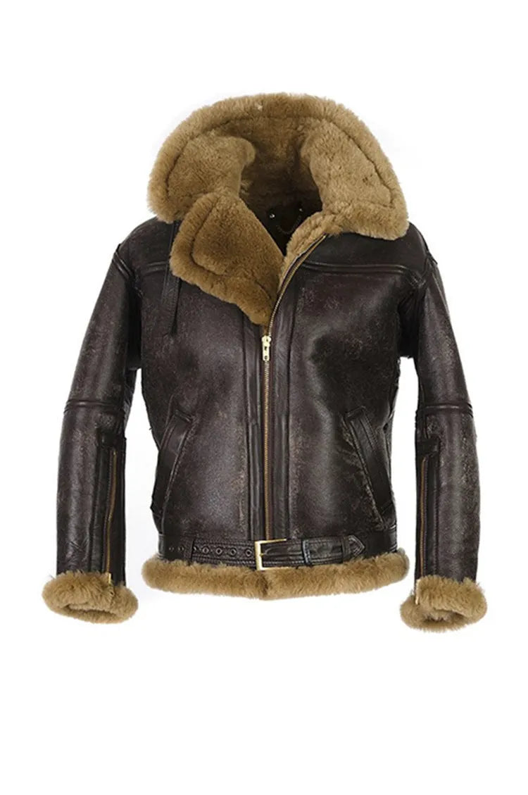 Brown retro-style men's synthetic leather fur coat with side pockets and a straight hem.