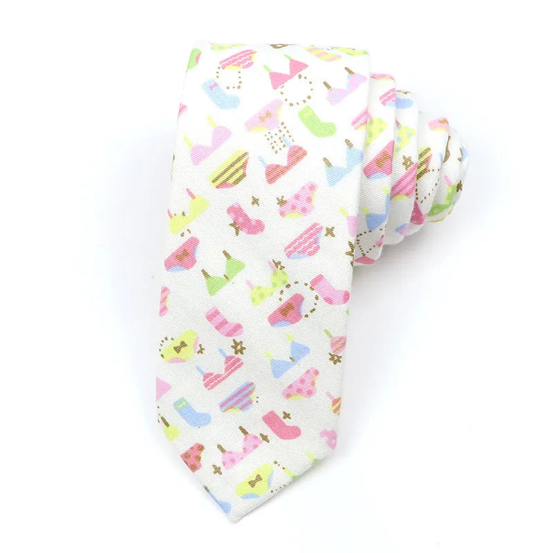 Men's narrow cotton bow tie in a cartoon print with an adjustable knot, shown in a selection of colours.