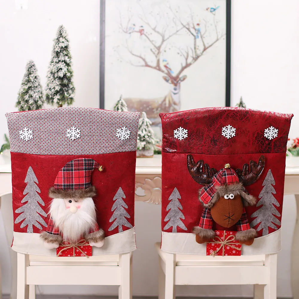 Three-dimensional cartoon chair cover set with Santa, snowman, and deer designs in cloth material