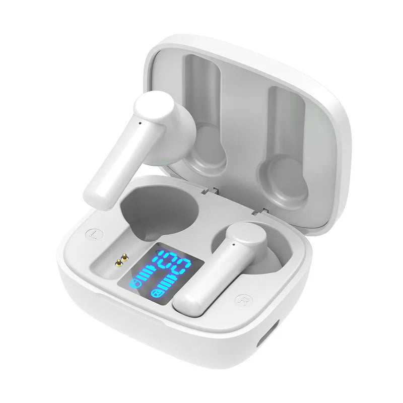 Digital display sports in-ear wireless Bluetooth headset with charging bin, black, pink, and white colour options