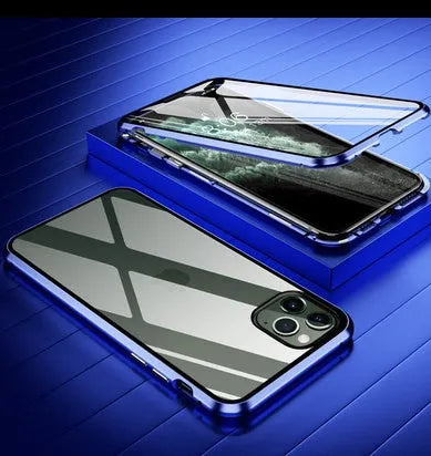 Glass clamshell anti-spy phone case in black, silver, red, gold, green, or blue for iPhone models.
