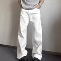 Men's white straight-leg denim jeans with a mid waist and zipper fly on a neutral background.
