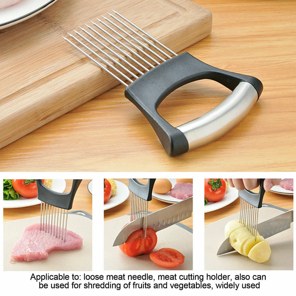 Stainless steel onion and tomato slicer holder with ABS handle on a kitchen counter