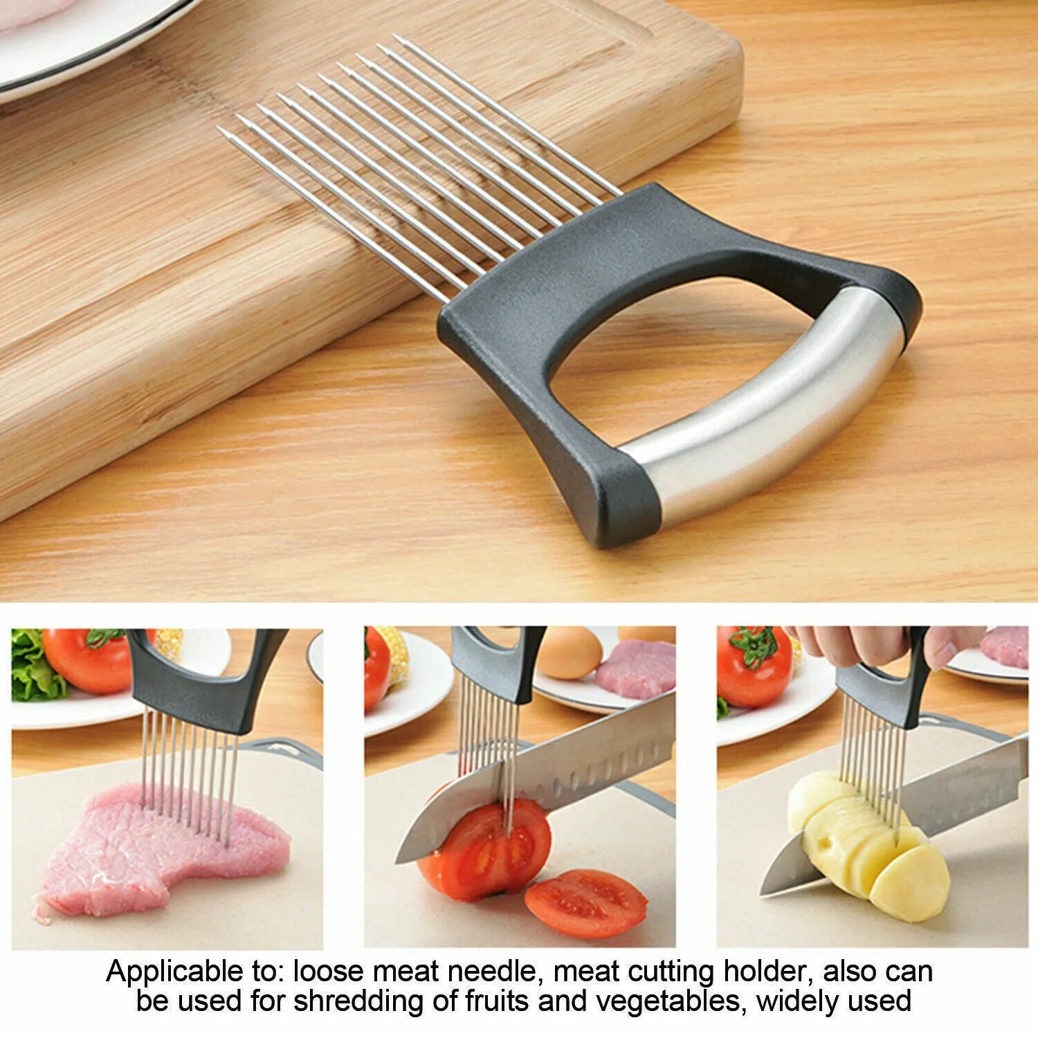 Stainless steel onion and tomato slicer holder with ABS handle on a kitchen counter