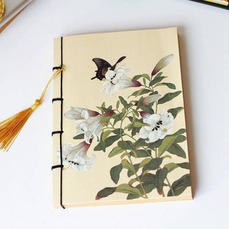 A5 antique wire-bound notebook with retro painting cover, wax rope binding, and tassels