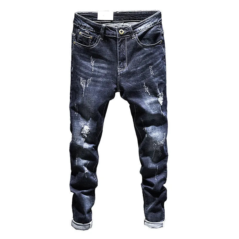 Men's slim-fit blue jeans with micro-elastic denim fabric on hanger