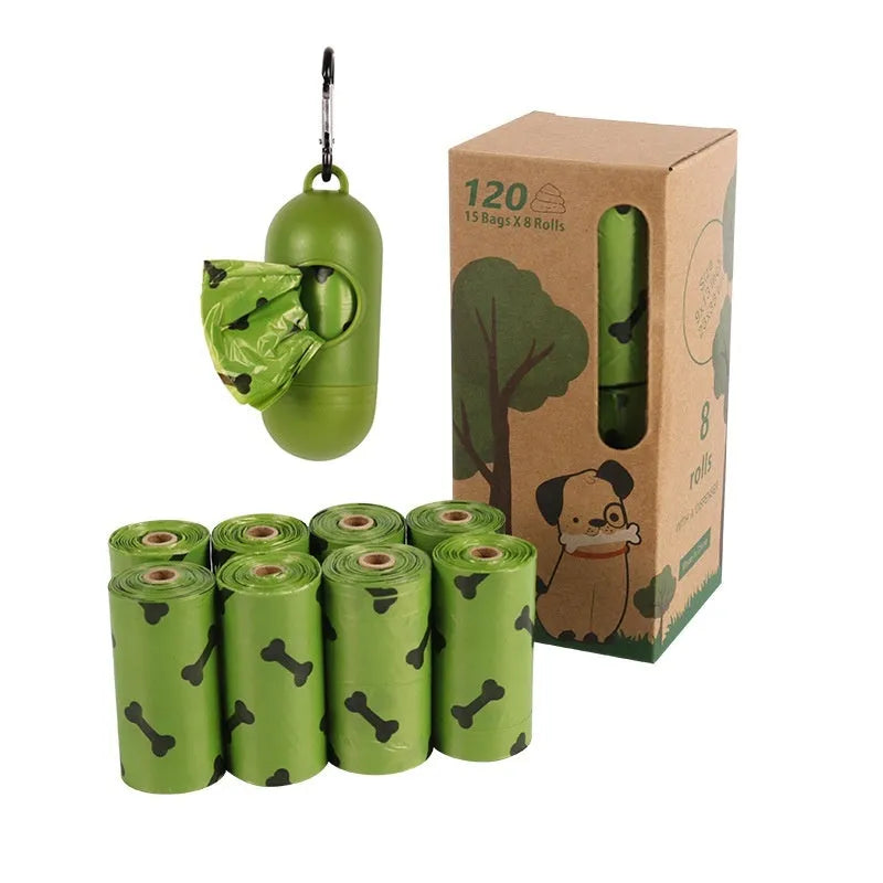 Military green degradable dog poop bags with black bone pattern measuring 23x33cm