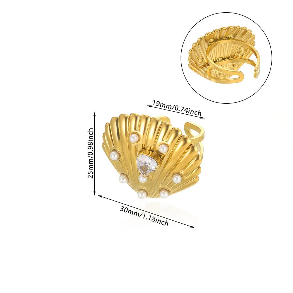 Stainless steel pearl zircon ring for women, adjustable opening, electroplating finish, European American style, colour JZ7336