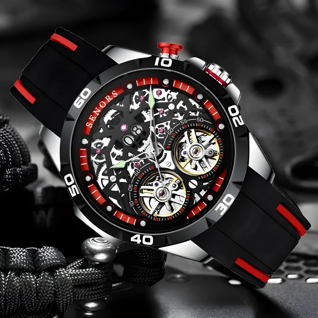Men's automatic mechanical watch with luminous dial and hollow case design in red and blue colour options