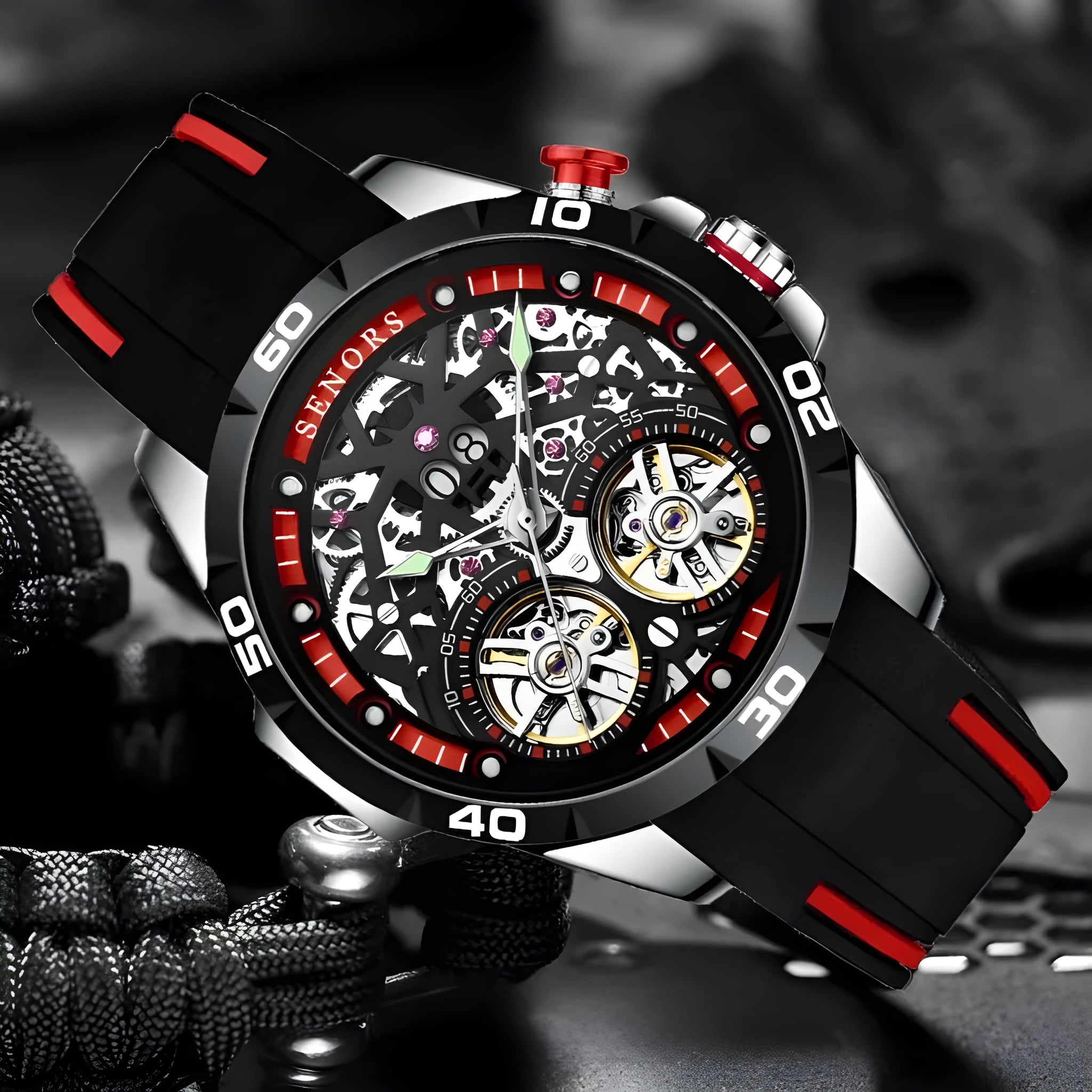 Men's automatic mechanical watch with luminous dial and hollow case design in red and blue colour options