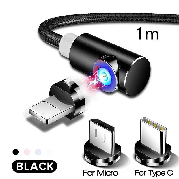 Black L-shaped magnetic charging cable with aluminium connectors for Micro USB, Lightning, and Type-C phones.