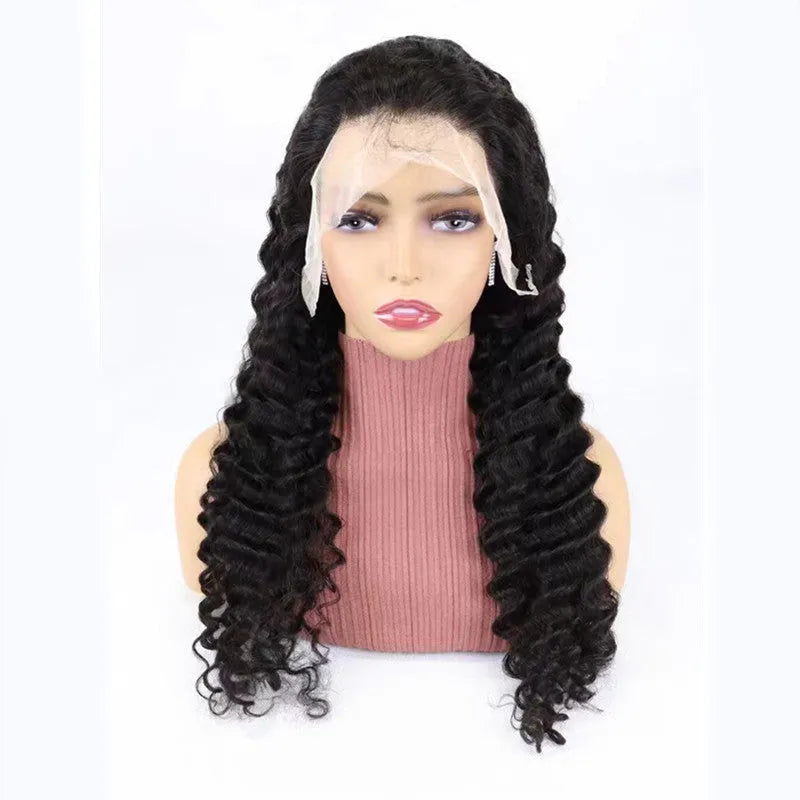 Solid colour human hair half lace front wig displayed on a stand, showing natural hairline.