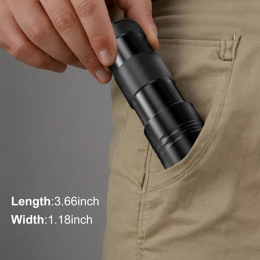 Black and silver aluminium UV flashlight with dimensions shown for scale.