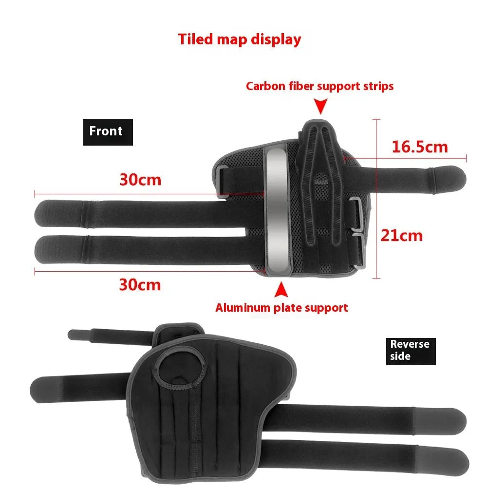 Carbon fibre reinforced sports wrist guard with thumb strap shown in black with grey edging