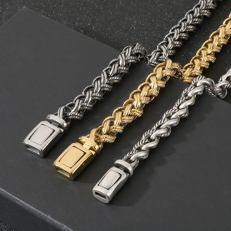 Men's titanium steel chain necklace with large hemp flower links in antique silver finish