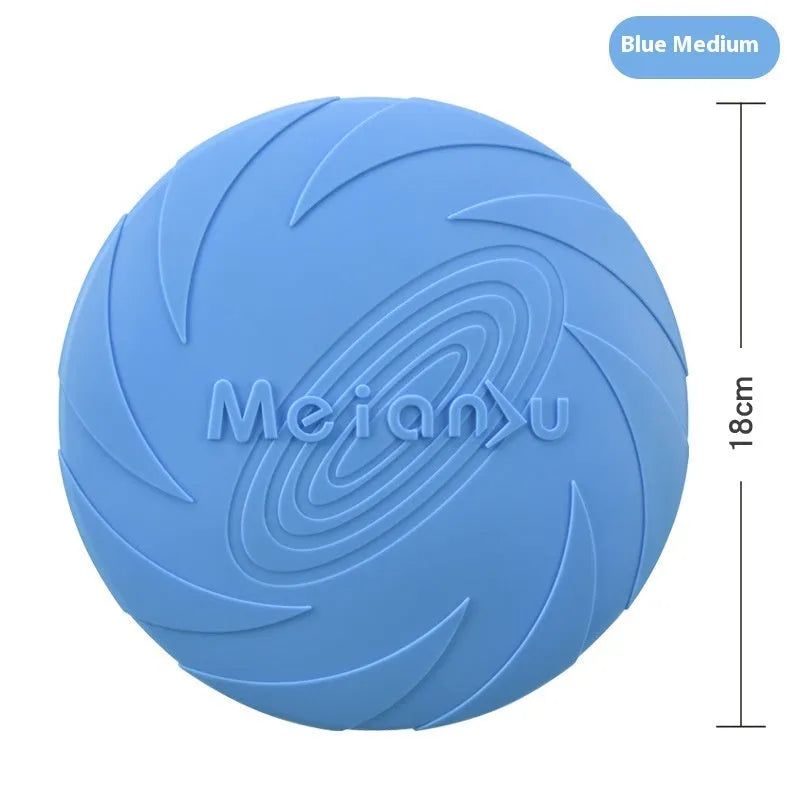 Soft rubber dog frisbee flying disc toy in red, blue, and green colours showing small, medium, and large sizes