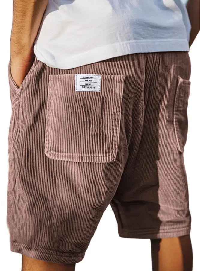 Men's gray corduroy shorts with multiple pockets and embroidery detail on straight-leg summer design