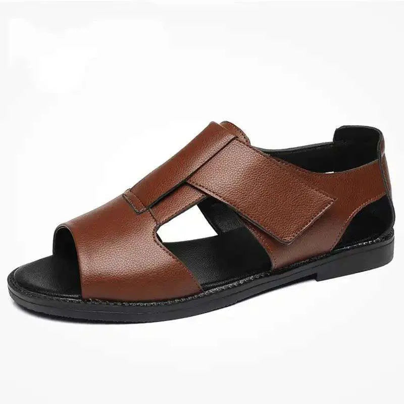 Men's black and brown leather Roman sandals with open-toe design and rubber soles
