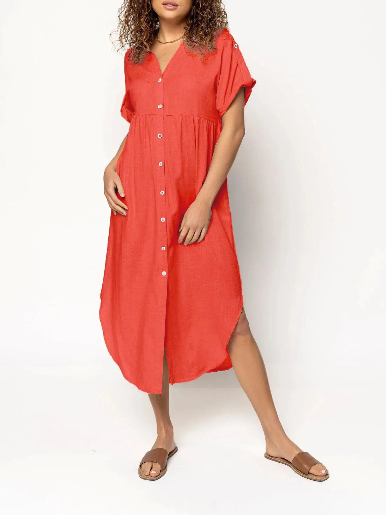 Loose temperament mid-length casual dress with button detailing in polyester fabric