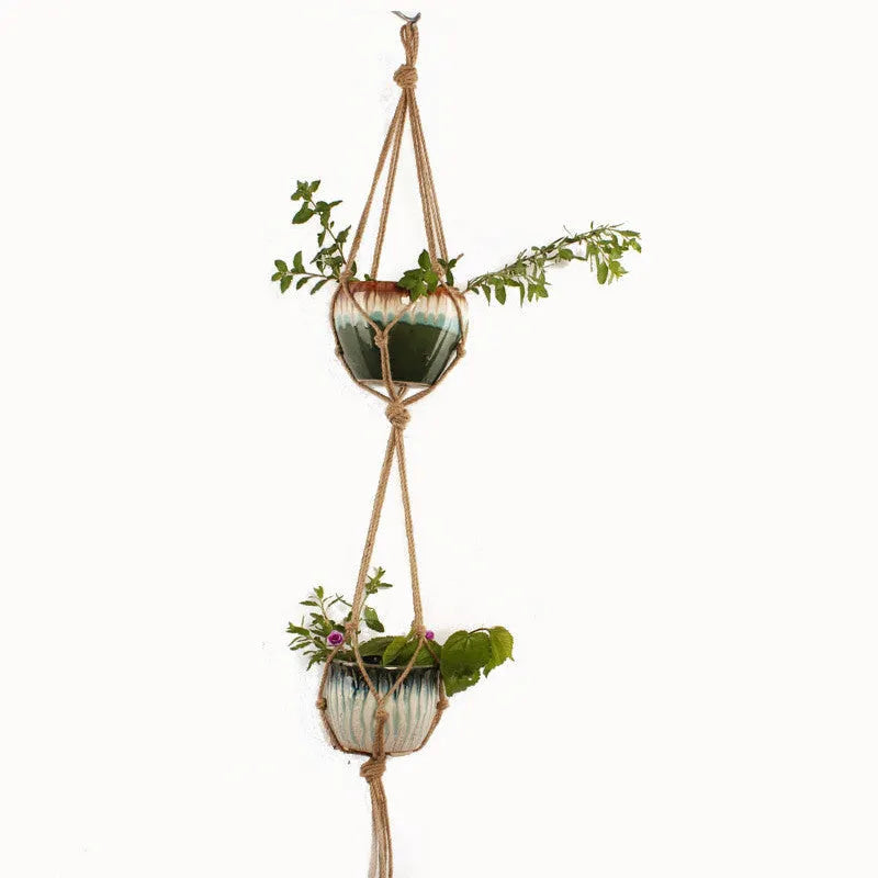 Woven wire cotton rope plant hanger macramé pot holder in European American village style