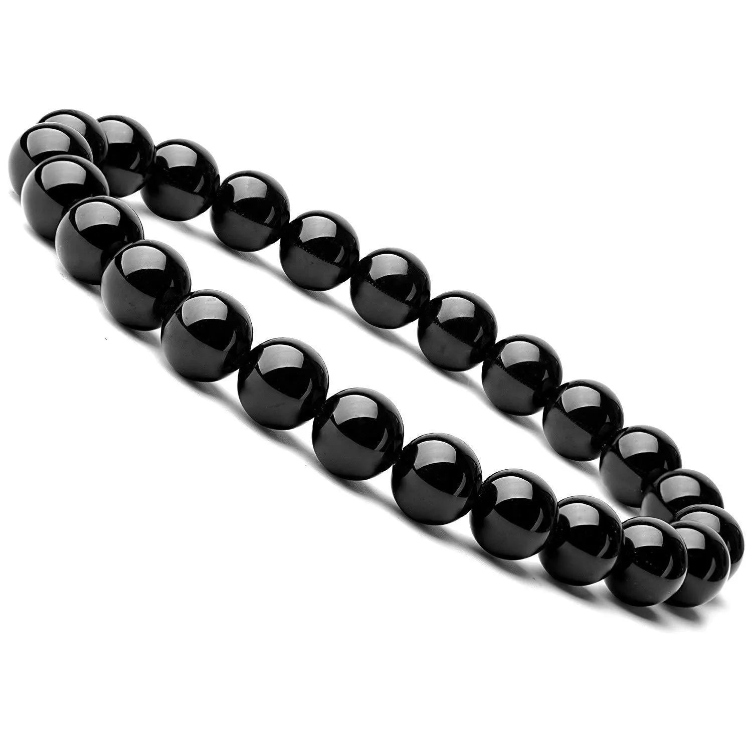 Black agate geometric bracelet with 8mm beads on a black elastic cord for women.