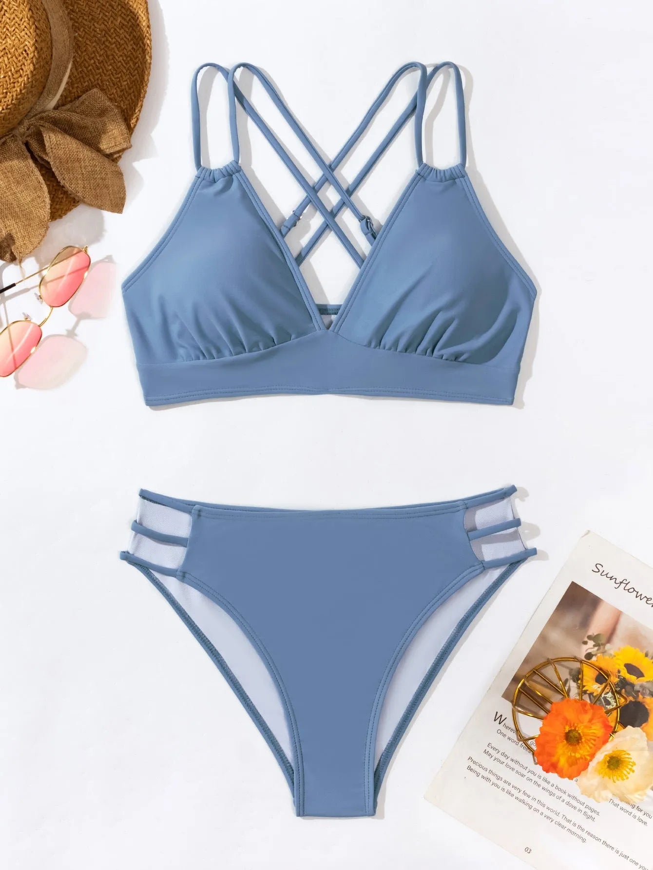 Women's black halter neck V-neck bikini swimsuit with split-style bottoms