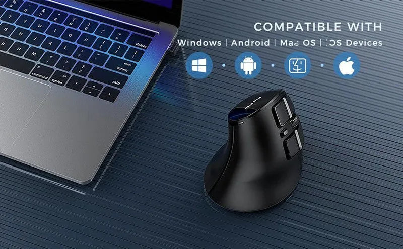 Wireless Bluetooth dual-mode rechargeable optical mouse in black, compact 15x8x5cm size